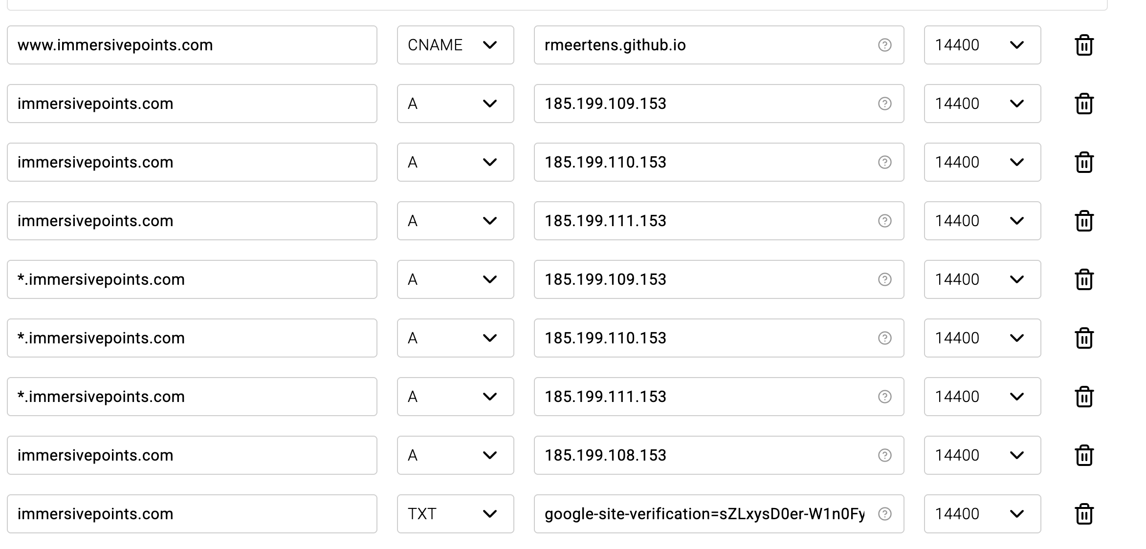 DNS records for immersivepoints.com, including a wildcard *.immersivepoints.com pointing at GitHub Pages