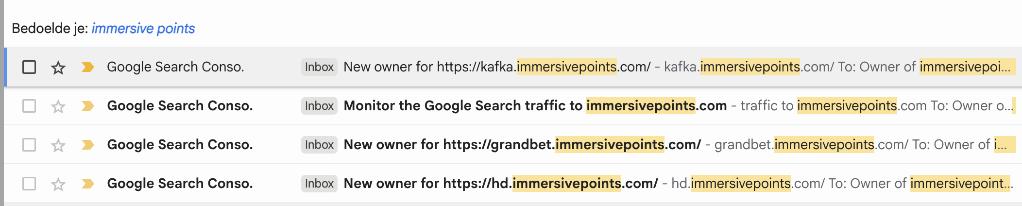 Gmail inbox showing several Google Search Console emails about new owners on kafka, grandbet, and hd subdomains of immersivepoints.com