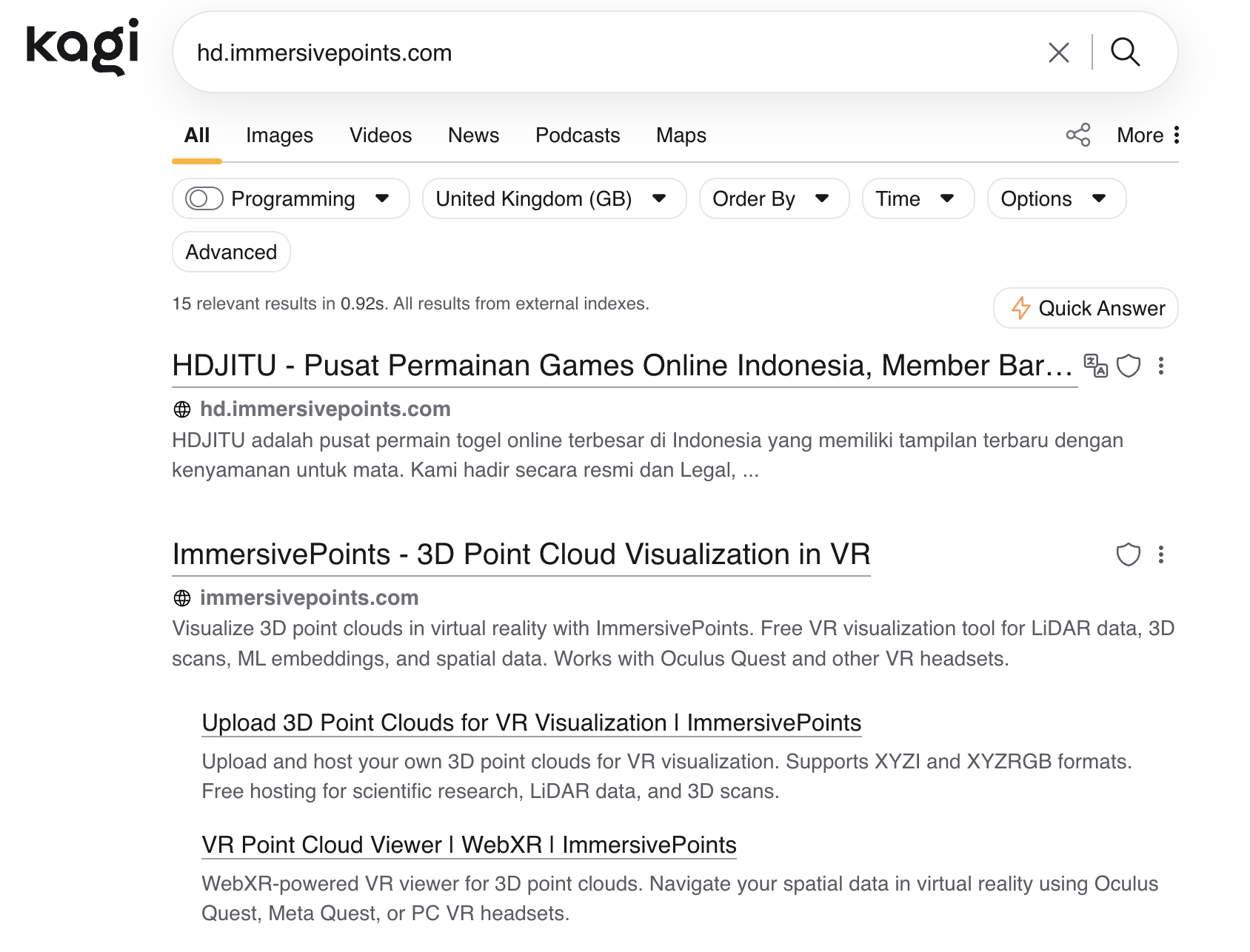 Kagi search for hd.immersivepoints.com showing "HDJITU - Pusat Permainan Games Online Indonesia" ranking above my actual ImmersivePoints VR site